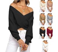 Off The Shoulder Sweater for Women Fall Fashion Sweater Scarf V Neck Cropped Sweaters Long Sleeve Wrap SweaterScarf (Black, S)
