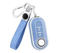 OFF WE GO Coque Clé Etui Cles pour Fiat 500 Punto Bravo Panda Lancia Ypslon Abarth Doblo Ducato Idea Linea Ulysse Tipo Voiture Clé à Télécommande Étui avec Porte-clés Couvre Clef Cache Cle,Argent Bleu