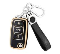 OFF WE GO Coque tui Cles pour VW Golf 4 5 6 Polo Passat Tiguan Touran T5 Caddy Skoda Octavia Fabia Seat Leon Ibiza Voiture Clé à Télécommande Étui avec Porte-clés Couvre Clef Cache Cle, Or Noir