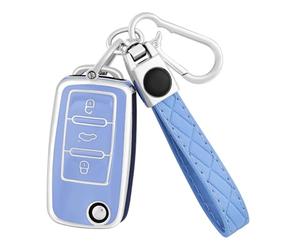 OFF WE GO Coque tui Cles pour VW Golf 4 5 6 Polo Passat Tiguan Touran T5 Caddy Skoda Octavia Seat Leon Ibiza Voiture Clé à Télécommande Étui avec Porte-clés Couvre Clef Cache Cle,Argent Bleu