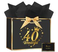 OFFCUP 28 * 20 * 10cm Sacs Cadeaux, 40 Ans Pochettes Cadeau avec Anse | Emballage Cadeau avec Ruban d'Arc, 1 Carte et 3 Mouchoirs pour Anniversaires Mariages Saint-Valentin Fêtes Noël, Or-Noir