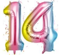 OFFCUP Ballon d'Anniversaire 14 Ans Multicolore, Foil Ballon Numéro Chiffre 101cm, Gonflable Hélium, Deco Anniversaire 14 Ans Grand Ballons pour Fête Party Mariage
