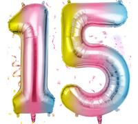 OFFCUP Ballon d'Anniversaire 15 Ans Multicolore, Foil Ballon Numéro Chiffre 101cm, Gonflable Hélium, Deco Anniversaire 15 Ans Grand Ballons pour Fête Party Mariage