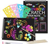 OFFCUP Carte a Gratter, 2 Pack Scratch Art Notes Dessin Gratter pour Enfant Magic Scratch Book avec 4 Règles de Gabarit de Dessin et 4 Stylets en Bois pour Écriture, Jeux, Dessins (14 * 20cm)