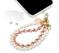 OFFCUP Dragonne de Téléphone, Perle Chaîne Téléphone Portable Charme De Téléphone, Anti-Perte Longe de Téléphone avec Chaîne en Cuir Métallique et Fleur, Bracelet Telephone avec 2 Patchs Arrière