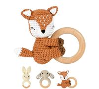 OFFCUP Hochet Bébé Jouet 0-9 Mois, Anneau de Dentition en Bois | Bebe Jouet Eveil Hochet Sensorielle et Poupées Tricoté, Jouets Montessori éveil Bebe Cadeau Naissance - Renard