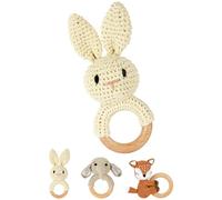 OFFCUP Hochet Bébé Jouet 0-9 Mois, Anneau de Dentition en Bois | Bebe Jouet Eveil Hochet Sensorielle et Poupées Tricoté, Jouets Montessori éveil Bebe Cadeau Naissance - Lapin