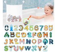 OFFCUP Jouet De Bain, 36pcs Lettres de Baignoire et Chiffres, Alphabet de Salle de Bain Numéro et Filet de Pêche pour Enfants et Filet de Rangement Salle pour Bébé Enfant Jeu de Baignoire
