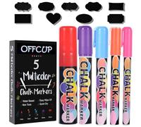 OFFCUP Marqueur Craie Liquide, 5pcs Feutre Craie Effacable Muticolor, Marqueurs à Craies Pointe 1/3/6/10/15 mm avec 58 Etiquettes pour Tableau Noir Vitres, Verre, Bistro, Enseignes