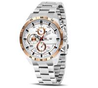 OFFCUP Montres pour Hommes, 50MM Chronographe Montre, Montre Etanche en Acier Inoxydable à Quartz Analogique, Grand Cadran Classique Mode Affaire Montres-Bracelets Cadeau Elégant Hommes (Argent Or)