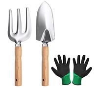 OFFCUP Outils de Jardinage, Ensemble d'outils de Jardin, 3pcs Garden Tool Set, Outil de Jardin Manche en Bois pour Jardinage Plantes Intérieur Extérieur avec Une Pelle Fourchette et Paire de Gants