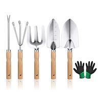 OFFCUP Outils de Jardinage, Ensemble d'outils de Jardin, 6pcs Garden Tool Set, Outil de Jardin Manche en Bois pour Jardinage Plantes Intérieur Extérieur avec Une Pelle Fourchette et Paire de Gants