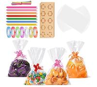 OFFCUP Sachet Bonbon, 70pcs Sachets Transparents Bonbons avec 100 Liens Torsadés Cadeau 70 Nœuds 70pcs Sealing Stickers et 7pcs Ribbon pour Biscuit Confiserie de Noël 16 * 24cm