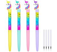 OFFCUP Stylo à Bille, 4pcs Stylo Bille Licorne, Quicksand Pen Stylos Gel Kawaii Recharge Stylos à Sable Mouvant Fournitures Scolaires de Papeterie (Licorne à Grosse Tête)