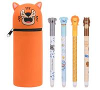OFFCUP Trousse à Crayons et 4 Stylos Gel Effaçable, Jolie Trousse d'école en Silicone Verticale Motif Animal Trousse Porte-Stylos de Table Ensemble de Papeterie pour Filles Garçons (Tigre)