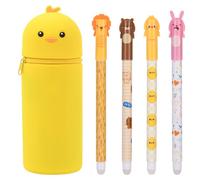 OFFCUP Trousse à Crayons et 4 Stylos Gel Effaçable, Jolie Trousse d'école en Silicone Verticale Motif Animal Trousse Porte-Stylos de Table Ensemble de Papeterie pour Filles Garçons (Poulet)