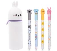 OFFCUP Trousse à Crayons et 4 Stylos Gel Effaçable, Jolie Trousse d'école en Silicone Verticale Motif Animal Trousse Porte-Stylos de Table Ensemble de Papeterie pour Filles Garçons (Lapin)