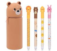 OFFCUP Trousse à Crayons et 4 Stylos Gel Effaçable, Jolie Trousse d'école en Silicone Verticale Motif Animal Trousse Porte-Stylos de Table Ensemble de Papeterie pour Filles Garçons (Ours)
