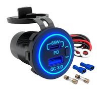 Offgridtec Adaptateur de chargeur de voiture, double prise USB 12 V/24 V avec port USB-C 65 W et port USB-A 18 W, interrupteur marche/arrêt, couvercle de protection, PA66 & boîtier en cuivre, IP66