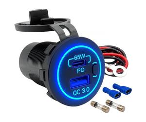 Offgridtec Chargeur pour véhicule, Prise USB double 12V/24V avec 65W USB-C & 18W USB-A, Interrupteur marche/arrêt, Couvercle de protection, Boîtier en PA66 & cuivre, IP66, Universel pour voitures