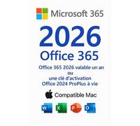 Office 365 - Abonnement 2026 (1 an) ou Clé Office 2024 ProPlus à Vie - Compatible Mac