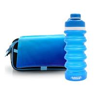 office box - Pack Retour à l'école : trousse triple + bouteille en silicone pliable BWater - Lavable et résistant pour durer tout le cours à un prix unique. (Colormix-bleu+Bwater)