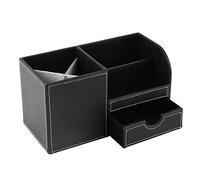 Office Desk Organizer - Wooden Leather Multifunction Desk Stationery Container Storage Box Pen Pencil Holder Case