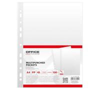 OFFICE PRODUCTS Lot de 100 pochettes/Format DIN A4 / Transparent 45 microns/Pochettes en plastique perforées à ouverture supérieure pour documents, papiers, dossiers, dossiers/PP/Transparent