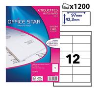 OFFICE STAR - 1200 Étiquettes Autocollantes Multi-Usages Blanches Personnalisables Imprimables - Format 97 x 42,3 mm - Impression Laset Jet d'Encre et Copieur