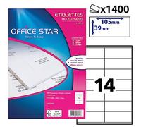 OFFICE STAR - 1400 Étiquettes Autocollantes Multi-Usages Blanches Personnalisables Imprimables - Format 105 x 39 mm - Impression Laset Jet d'Encre et Copieur