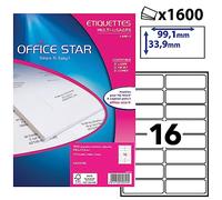 OFFICE STAR - 1600 Étiquettes Autocollantes Multi-Usages Blanches Personnalisables Imprimables - Format 99,1 x 33,9 mm - Impression Laset Jet d'Encre et Copieur