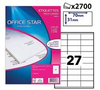 OFFICE STAR - 2700 Étiquettes Autocollantes Multi-Usages Blanches Personnalisables Imprimables - Format 70 x 31 mm - Impression Laset Jet d'Encre et Copieur