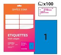 OFFICE STAR - 50 Etiquettes Multi-Usages Bleues Personnalisables - Format 210 x 297mm - Impression Laser et Jet d'encre
