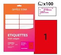 OFFICE STAR - 50 Etiquettes Multi-Usages Rouges Personnalisables - Format 210 x 297mm - Impression Laser et Jet d'encre