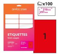 OFFICE STAR - 50 Etiquettes Multi-Usages Rouges Personnalisables - Format 210 x 297mm - Impression Laser et Jet d'encre