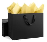 OfficeCastle Lot de 4 sacs cadeaux en papier noir XL 40,6 x 15,2 x 30,5 cm avec poignées et 10 feuilles de soie dorées, sacs de courses de luxe pour cadeaux de vacances, vente au détail, boutique