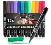 OfficeTree 12 x Feutre Porcelaine Permanent Lave Vaisselle - 12 Couleurs - Pointe Pinceau - Feutre Verre à Base d'Eau - Peinture sur Porcelaine Céramique & Verre - Peinture Porcelaine