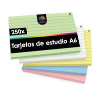 OfficeTree 250x Flash Cards A6 - Lignées 5 Couleurs - Fiche Bristol A6 pour l'École et les Études - Index Cards - Fiches Bristol parfaites pour les Notes et l'Organisation - Fiche de Revision