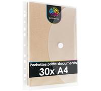 OfficeTree 30 Pochettes A4 Avec 200 Perforations - Pour Documents - Transparentes Avec Fermeture Scratch et Bord de Classement