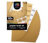 OfficeTree 50x Papier Kraft A4 avec 40x Autocollants - 170g - Papier Cartonné Marron - Papier Kraft Cartonné pour Bricoler, Plier & Imprimer - Carton Kraft - Feuille Kraft A4 - Papier Craft A4
