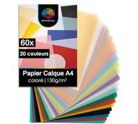 OfficeTree 60x Papier Calque Couleur A4 130g/m² - 20 Couleurs différentes - Extra Fort et Imprimable - Feuille Decalque - Papier Vitrail Couleur Transparent pour faire des Lanternes et Bricolage