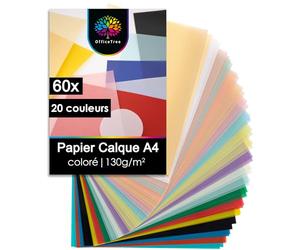 OfficeTree 60x Papier Calque Couleur A4 130g/m² - 20 Couleurs différentes - Extra Fort et Imprimable - Feuille Decalque - Papier Vitrail Couleur Transparent pour faire des Lanternes et Bricolage