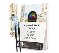 OfficeTree Papier Aquarelle A3-40 Feuilles avec 2 Pinceaux - Papier Aquarelle 300g - Feuille Aquarelle A3 - Bloc Aquarelle - Papier a dessin A3 - Feuille A3 Blanche - Watercolor Paper