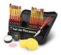 OfficeTree Set Pinceaux Peinture - 15x Pinceaux, Couteau à Palette, Éponges, Savon à Pinceau - Pinceaux Acrylique - Kit Pinceaux Peinture Huile - Pinceaux Aquarelle Professionnel - Pinceau Aquarelle