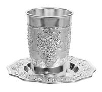 OFFIGAM Coupe de Bénédiction Shabbat en Alliage de Zinc Argenté Gravée Soucoupe, Gobelet Unique 1 Set Polyvalent pour Fêtes Juives Importantes et Pâque