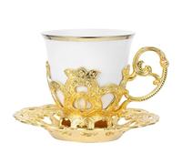 OFFIGAM Set de 1 Tasse à Expresso en Céramique 80ml avec Soucoupe Or, Alliage D'aluminium, Style Vintage Européen Élégant, Solide et Facile à Nettoyer, pour Café Turc