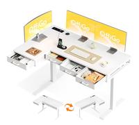 OffiGo Bureau Angle Assis Debout Electrique avec 4 Tiroirs, 140cm, Blanc