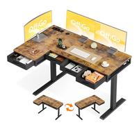 OffiGo Bureau Assis Debout Angle, 140x80cm Bureau Electrique avec 4 Tiroirs, Grand Table d'angle avec Prise, Standing Desk Réglable en Hauteur avec Rangement pour la Maison, Brun Rustique