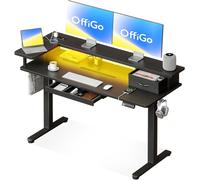 OffiGo Bureau Assis Debout, 1 Pièce Plateau, 140 x 60 cm Bureau Debout Electrique avec Support d'écran en L, Standing Desk avec Tiroir, Table avec Prise USB, Ergonomique Table Ordinateur, Noir