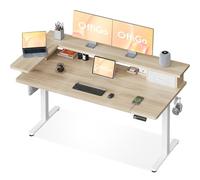OffiGo Bureau Assis Debout, 140 x 60 cm Bureau Debout Electrique avec Support d'écran en L, Standing Desk avec Tiroir, Table avec Prise USB, Ergonomique Table Ordinateur, Beige